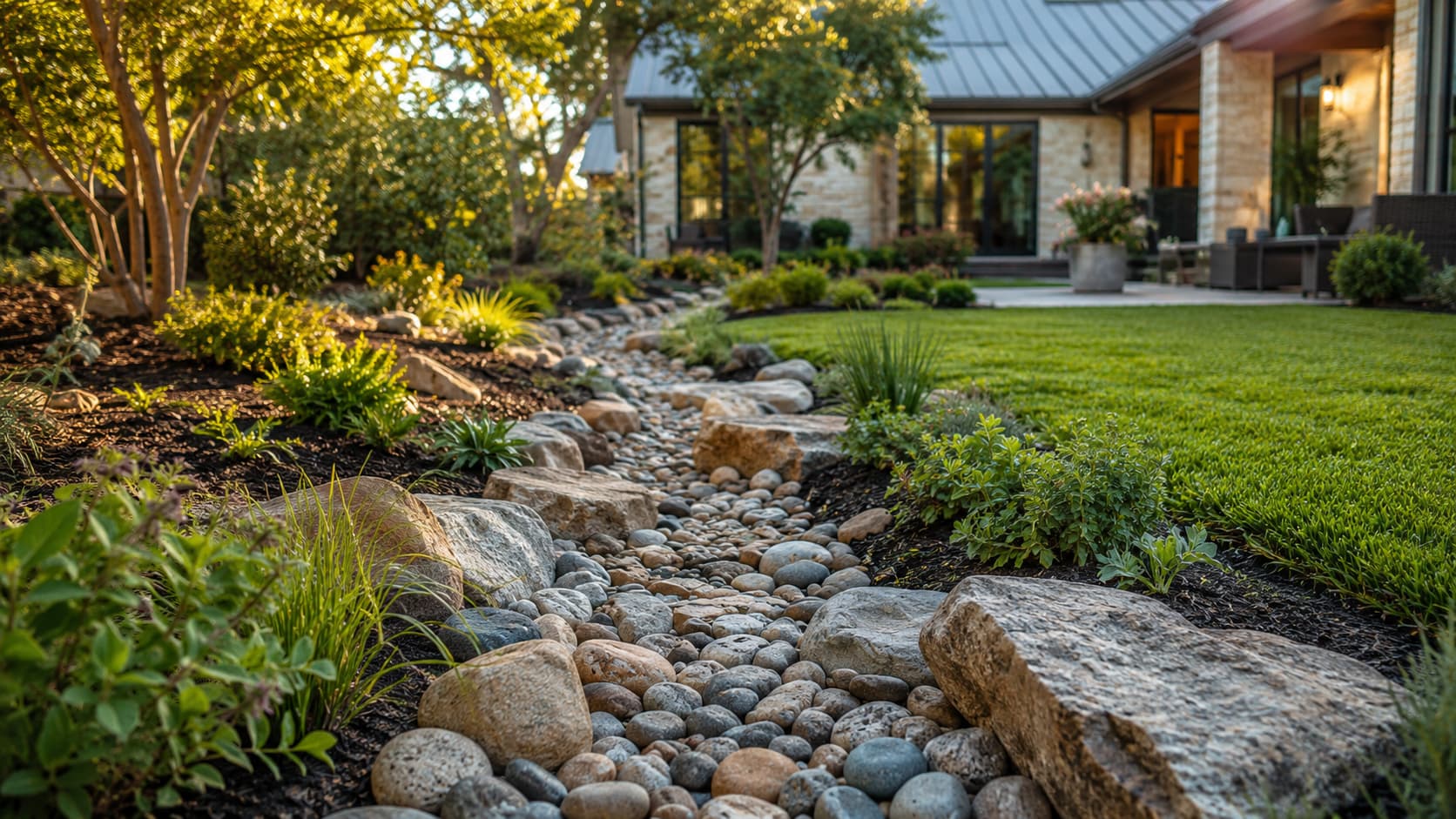 Dry creek bed of river rock carrying runoff through a Central Texas yard