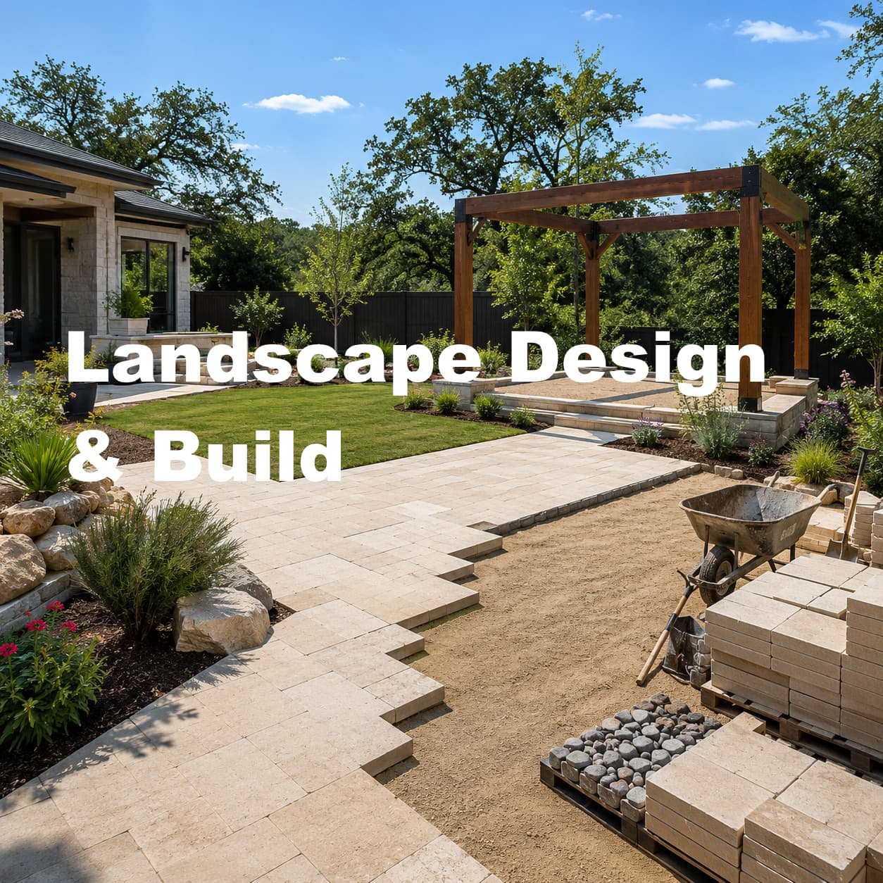 Paver patio under construction beside a new cedar pergola