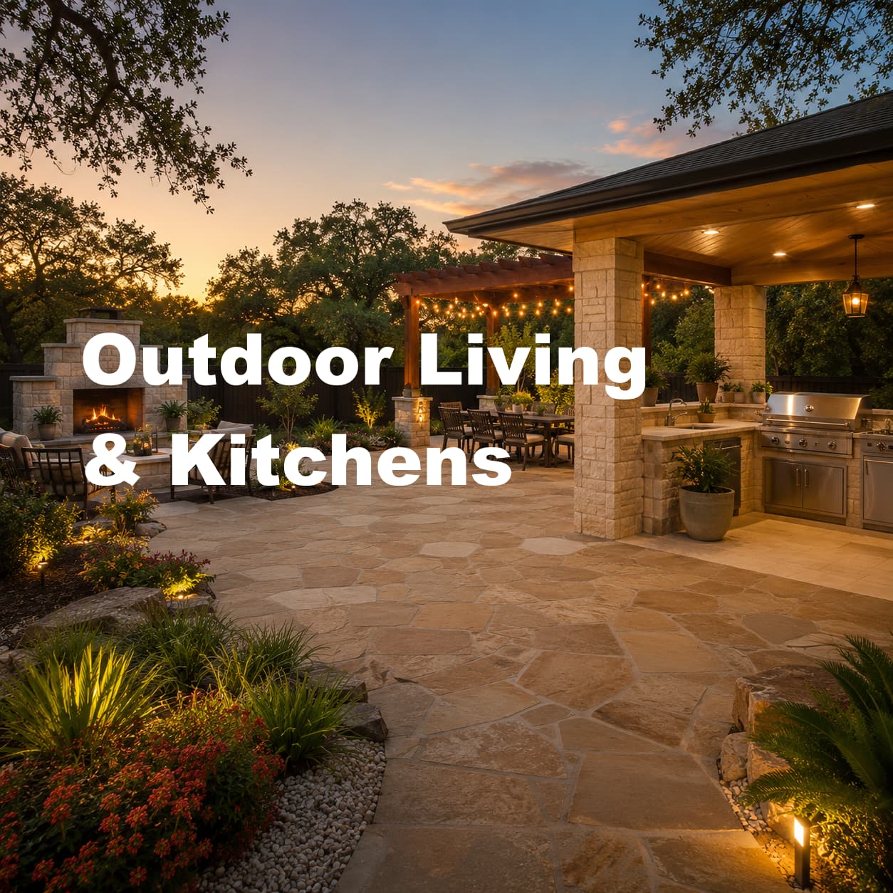 Stone outdoor kitchen with grill and seating