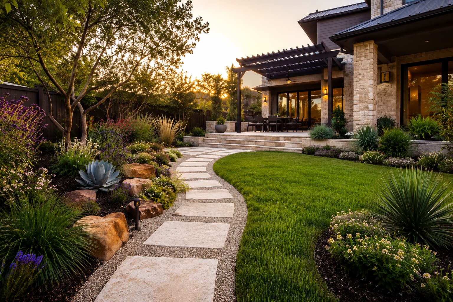 Flagstone path through native plantings to a stone home with a pergola at sunset