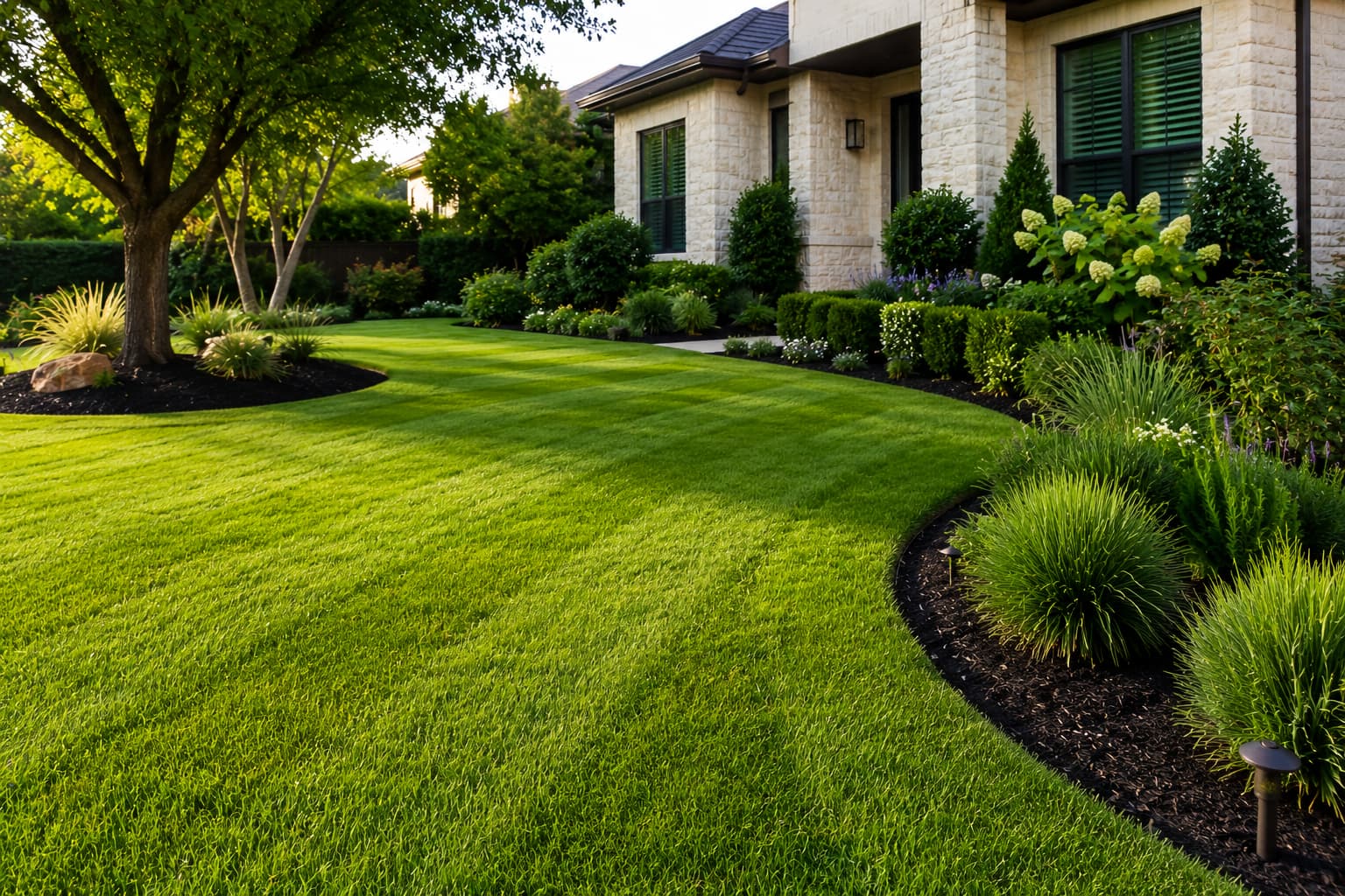 Freshly mowed lawn with crisp bed edges in front of a stone home