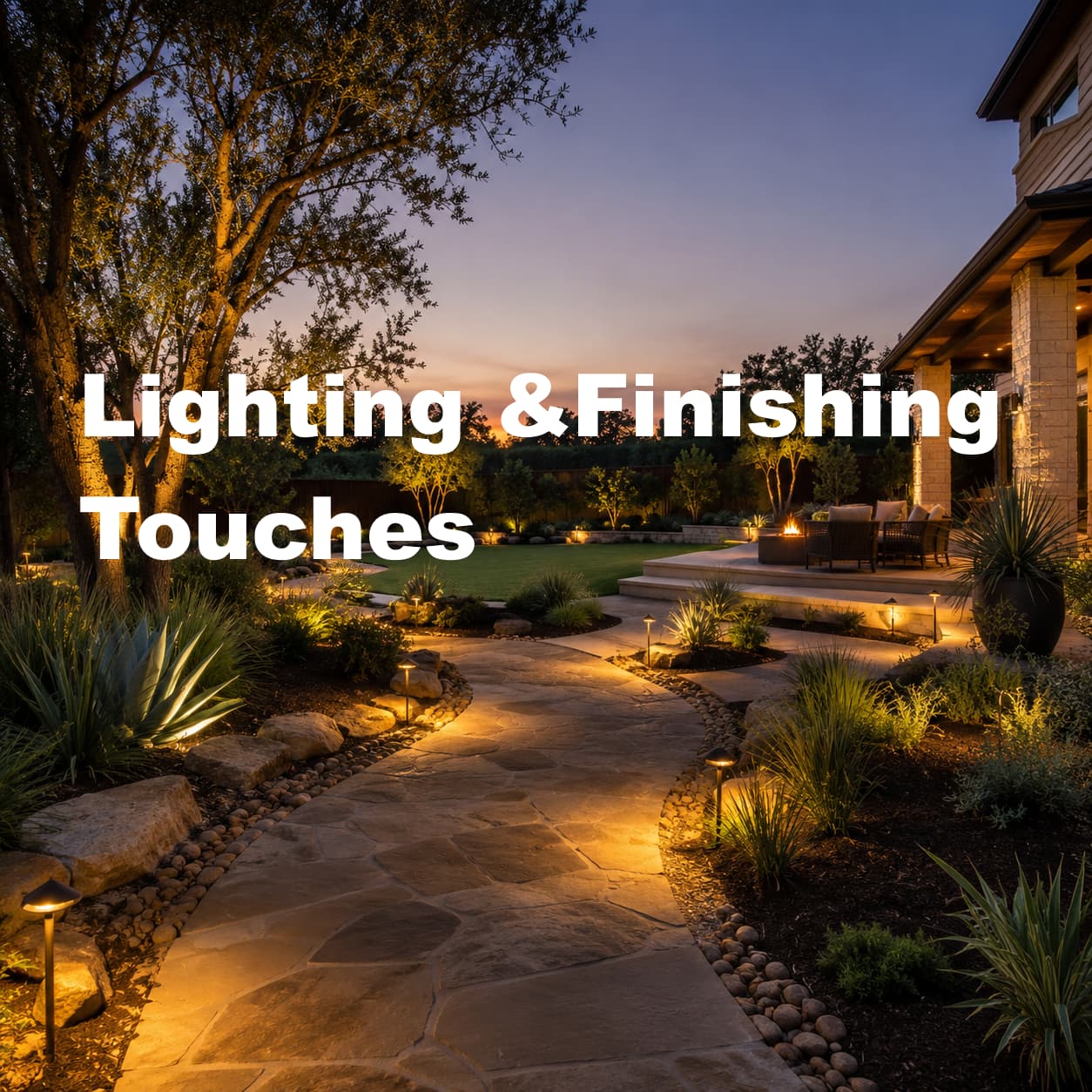 Landscape lighting illuminating a garden path at dusk