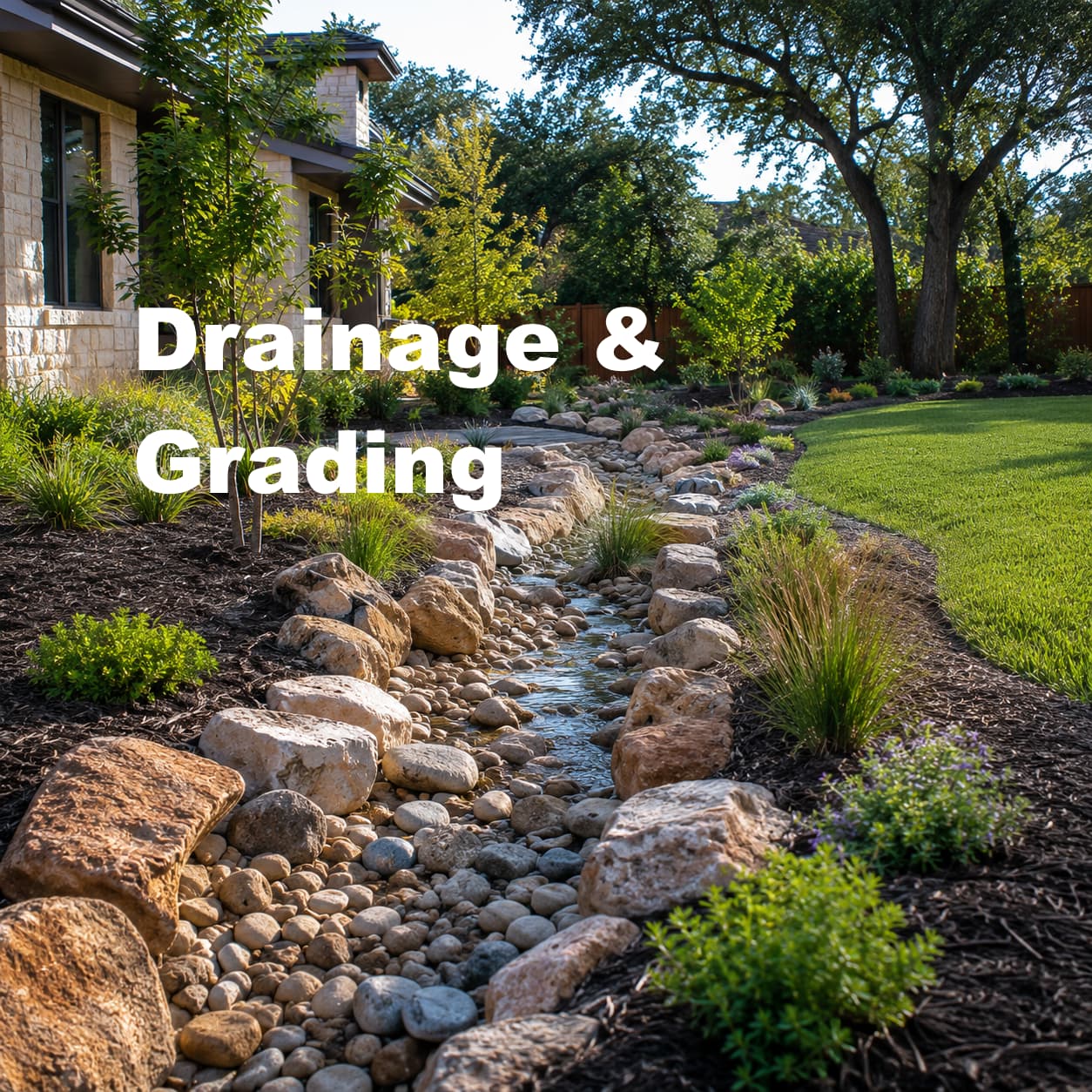 Dry creek bed carrying runoff through a yard