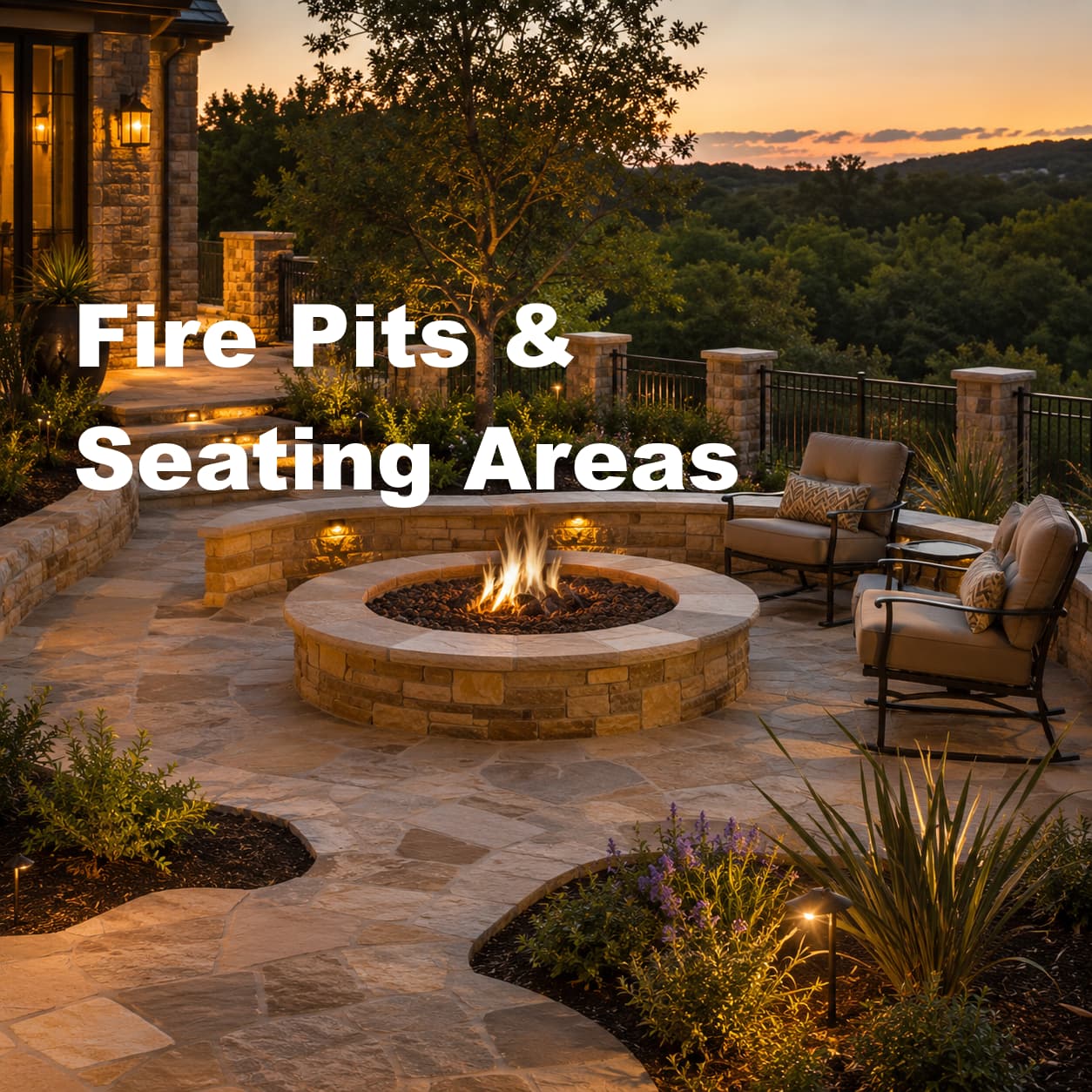 Stone fire pit surrounded by patio seating at dusk