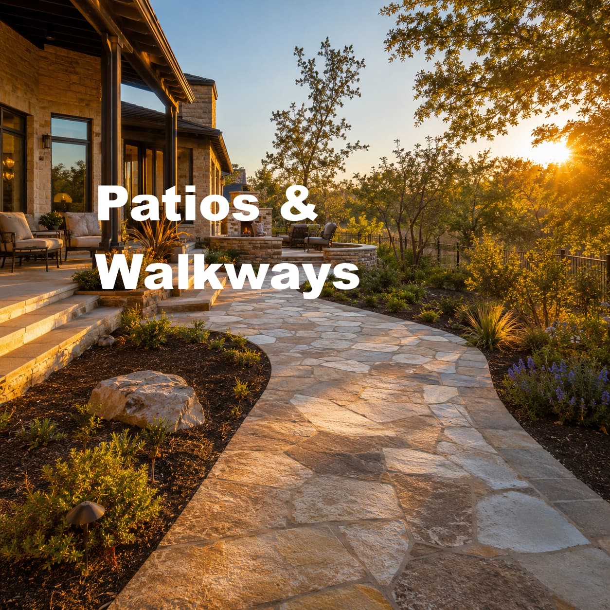Stone patio with a curving walkway