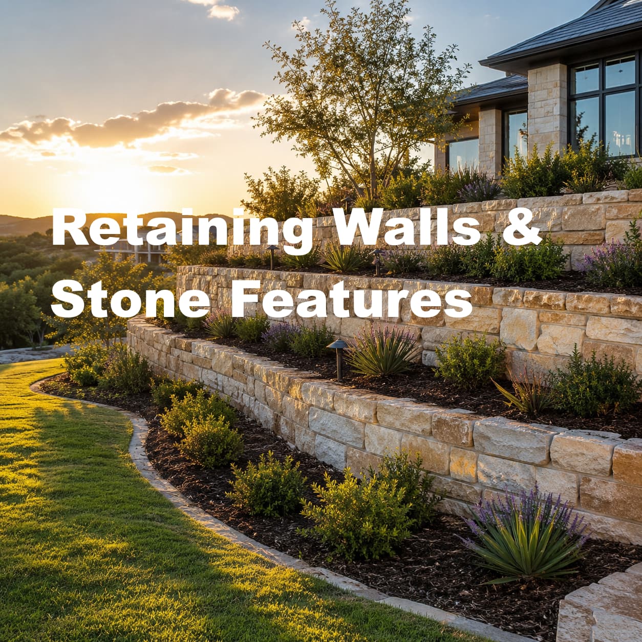 Limestone retaining wall with plantings